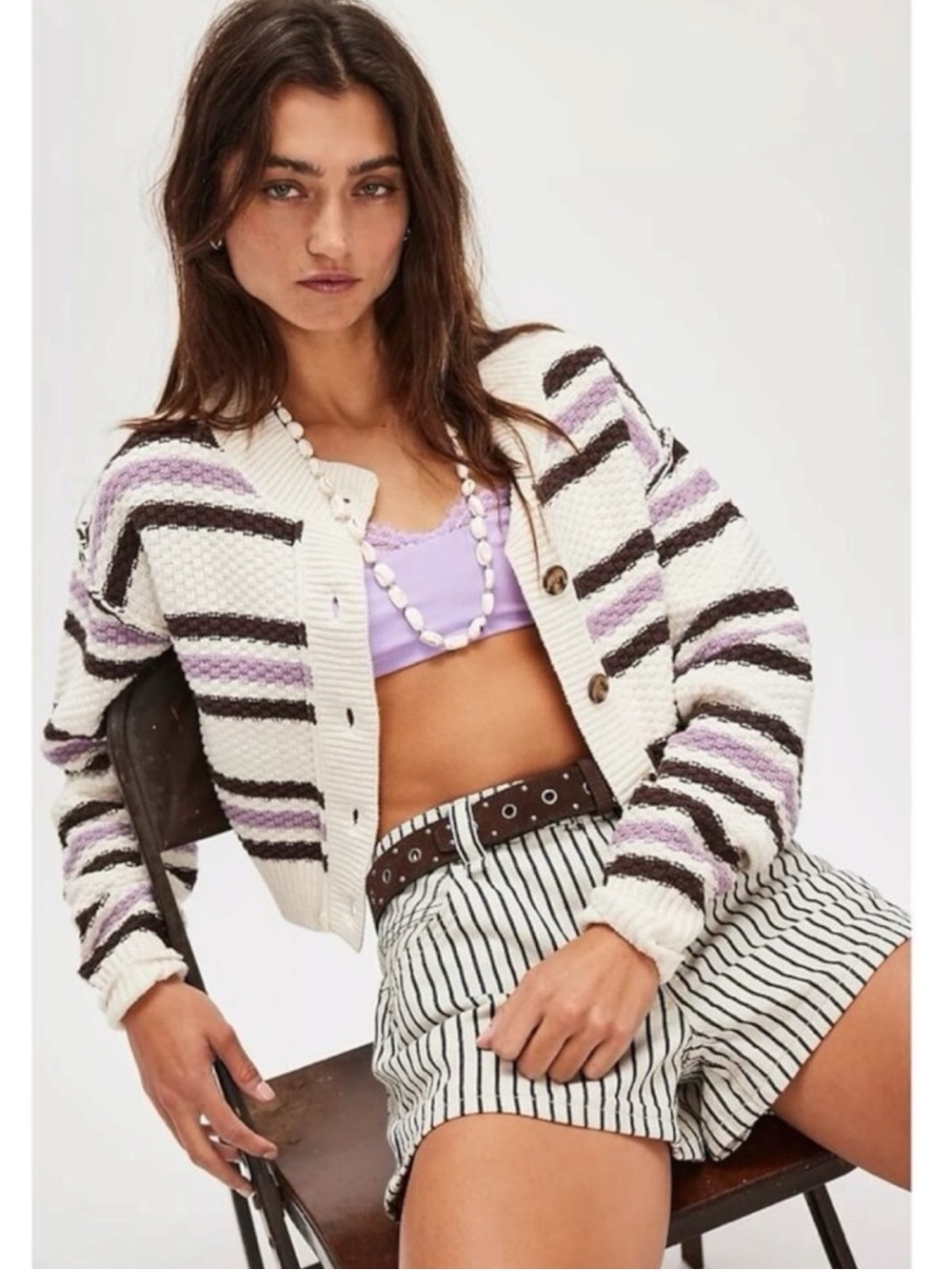 Free People Lila Stripe Cardi Cardigan Sweater in Lavender Ivory Combo Size XL